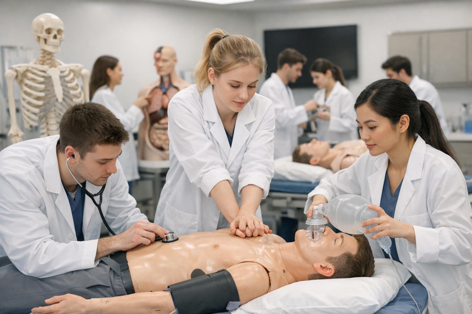 Studenci medycyny ćwiczący na modelach anatomicznych w laboratorium